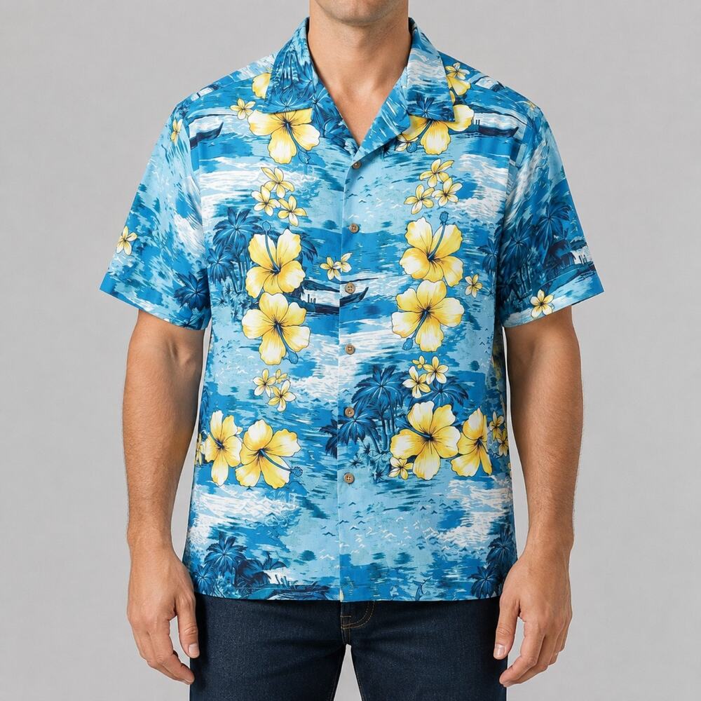 Kennington Shirt Mens Large Blue Yellow Hawaiian Floral Button-Up